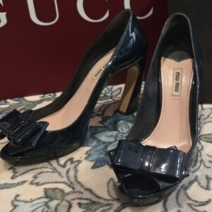 Miu Miu Navy Patent Leather Peep-Toe Pumps with Bow